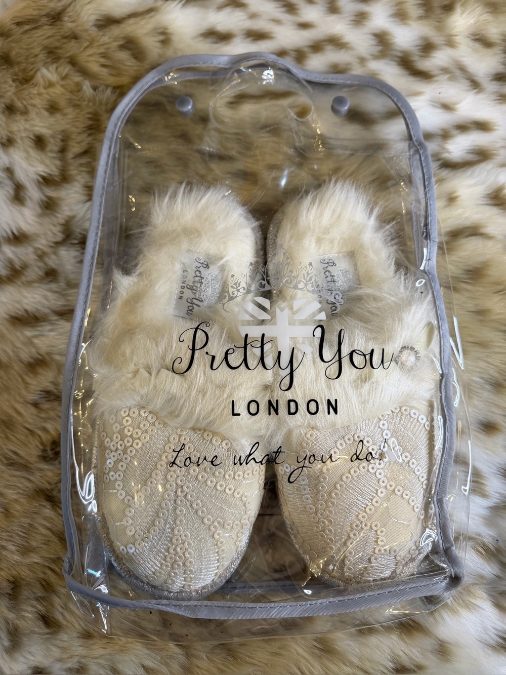 Pretty You London Cream Sequin Faux Fur Slippers